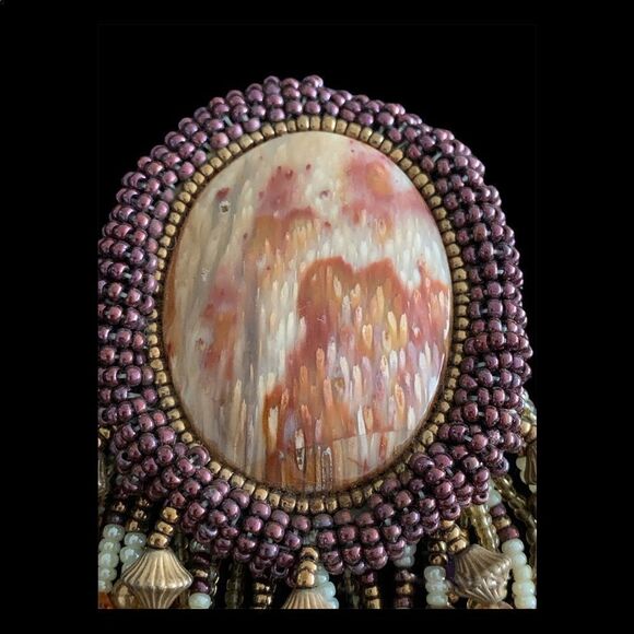 Vintage Artist hand beaded picture agate and banded agate western design brooch - Picture 2 of 9
